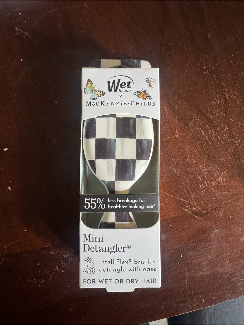 MacKenzie-Childs Mini Detangler Hair Brush - Black & Cream Check